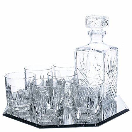 Klikel 8-piece Selecta Whiskey Drinkware Barware Drink Set With 6 Glass Double Old Fashioned Glasses, Silver-plated Octagon Mirror Tray And Decanter