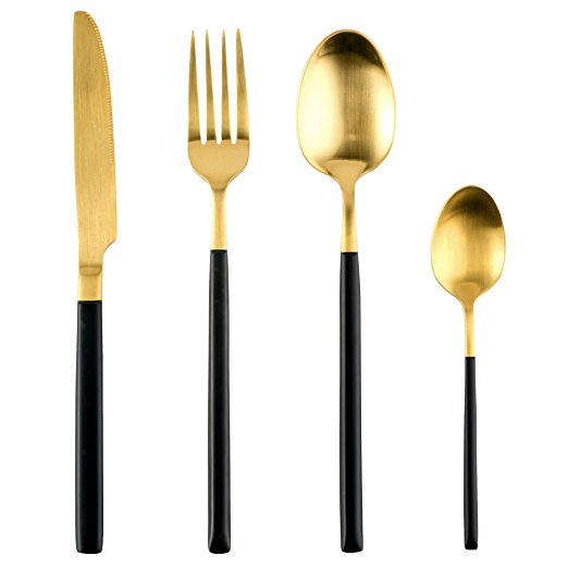 KitStuff Stainless Steel black&gold Flatware Set for 1 person. Cutlery set consists of 4 pieces (Dinner Knife, Dinner Fork, Soup Spoon, Tea Spoon)