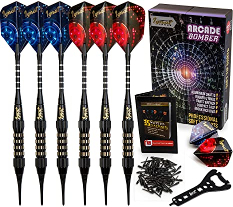 IgnatGames Plastic Tip Darts Set - Soft Tip Darts for Electronic Dart Board - Aluminum Shafts with O'rings and Extra Flights   100 pcs Black Extra Tips   Dart Wrench   Innovative Case