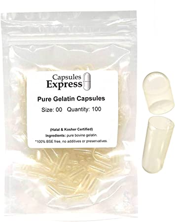Capsules Express- Size 00 Clear Empty Gelatin Capsules- Kosher Certified - Gluten-Free Pure Bovine Gelatin Pill Capsule- DIY Powder Filling (100)