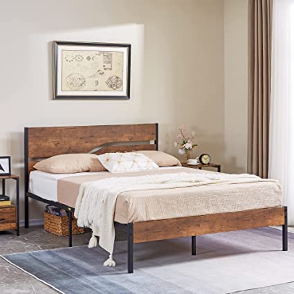 VECELO Platform Bed Frame Queen Size with Rustic Vintage Wood Headboard, Strong Metal Slats Support Mattress Foundation, No Box Spring Needed