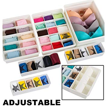 Uncluttered Designs Adjustable Drawer Organizers (6 Set) with Customizable Dividers in Stackable Durable Plastic for Underwear Crafts Baby Clothes Office Bathroom & Under Sink Storage
