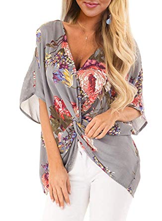 FARYSAYS Women's Floral Print Short Sleeve V Neck Ruched Twist Tops Loose Casual Blouse Shirts