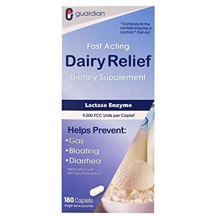 Guardian Dairy Relief Fast Acting Caplets, 9000 FCC, Lactose Intolerance Pills, Lactase Enzyme (180 CT)