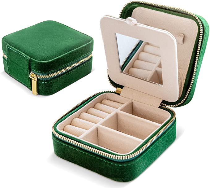 Benevolence LA Travel Jewelry box | Jewelry Storage and Organizer | Jewelry box for women | Rings, Necklaces and Earrings Organizer with Mirror - Emerald Velvet