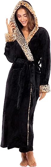 Alexander Del Rossa Women's Faux Fur Feather Hooded Robe, Soft Plush Fleece Bathrobe with Hood