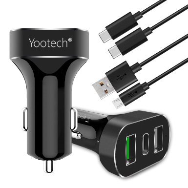 Type C Car Charger,Yootech 42W Car Charger (3-Port) with Type C ,Quick Charge, Standard USB Port,for LG G5,Nexus 5X/6P,HTC 10 and Other Device[Include Type C and Micro USB Cable]
