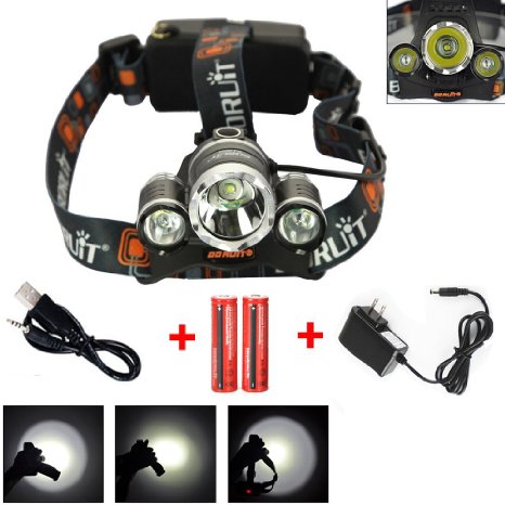iMeshbean® 8000 LM Led Headlamp Cree 3X XM-L T6 2 R5 3 LED Head Light Rechargeable with Batteries & AC Charger & Car Charger Waterfroof Design USA