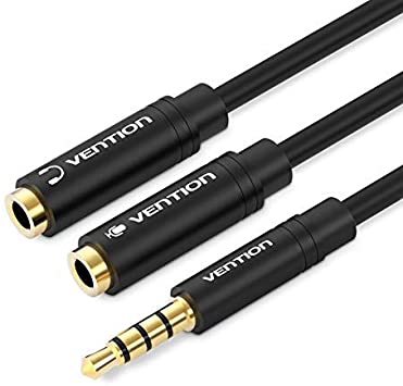 VENTION headphone microphone adapter cable Y splitter, male 3.5mm to 2-port 3.5mm female 4-pin audio, for earphones, speakers, tablets, MP3, PS4, PC, MP3