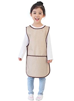 Plie Children Waterproof Sleeveless Art Smock Apron with Pockets, Brown Check (18-M)