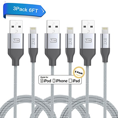 BYZ iPhone Charger Charging Cable 6ft Lightening Cable - 3 Pack iPhone Cable USB Sync & Charging Cord for iPhone 7 Plus 7 6S Plus 6 Plus SE 5S 5C 5, iPad 2 3 4 Mini, iPad Pro Air, iPod - Silver