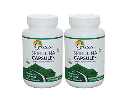 Grenera Spirulina Capsules 600 mg – 90 Vegetarian Capsules per Bottle - Pack of 2