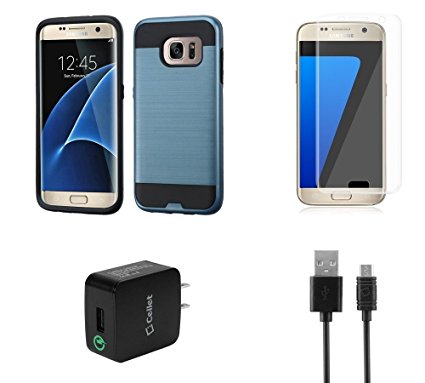 Samsung Galaxy S7 Edge - Brushed Hybrid Armor Case [Cerulean Blue / Black], Atom LED, [Full Coverage] PET-Film Screen Protector and 18W [Qualcomm Quick Charge 2.0] Wall Charger w/ Micro USB Cable