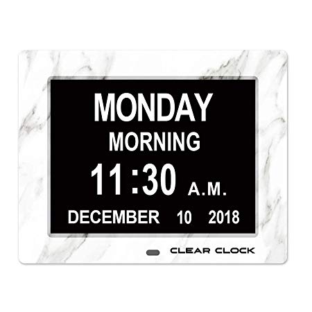 Clear Clock Marble Edition Dementia Clock Extra Large Memory Loss Digital Calendar Day Clock With 12 Alarms Big Letters Full Day And Date Without Abbreviations (White Marble)