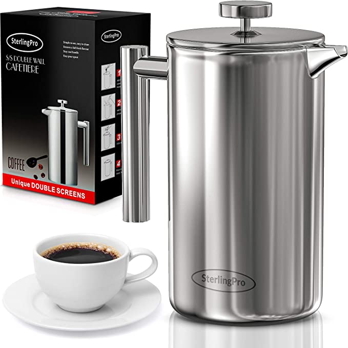 SterlingPro French Press Coffee Maker(1.75L)-Double Walled Large Coffee Press with 2 Free Filters-Enjoy Granule-Free Coffee Guaranteed, Stylish Rust Free Kitchen Accessory-Stainless Steel French Press