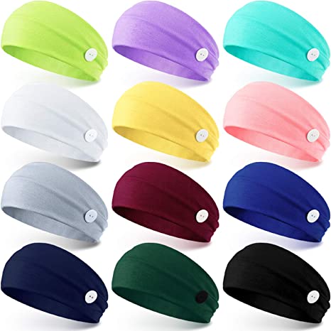 12 Pieces Button Headband Yoga Headband Headwrap Non Slip Ear Protection Holder with Buttons Multifunctional Hair Band Hoop Turban Accessory for Sports Yoga