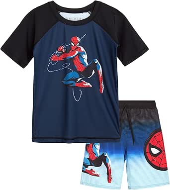 Marvel Avengers Boys’ Rash Guard Set – Spider-Man and Captain America – Kids’ UPF 50  Swim Shirt and Trunks for Boys (3T-12)