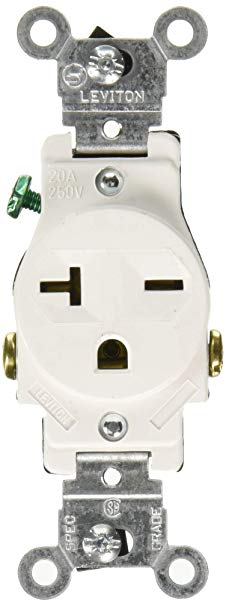 Leviton 107-5821-WSP S02-05821-0Ws Single Receptacle, 250 Vac, 20 A, 2 Pole, 3 Wire, Pack of 1, White