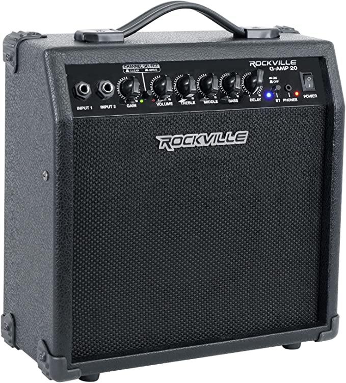 Rockville G 20 Watt Guitar Amplifier Dual Input Combo Amp Bluetooth/Delay, Black