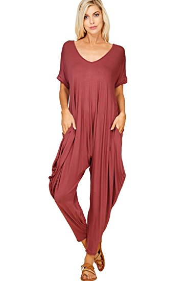Annabelle Women's Comfy Casual Short Sleeves Harem Long Pants Jumpsuits With Pockets