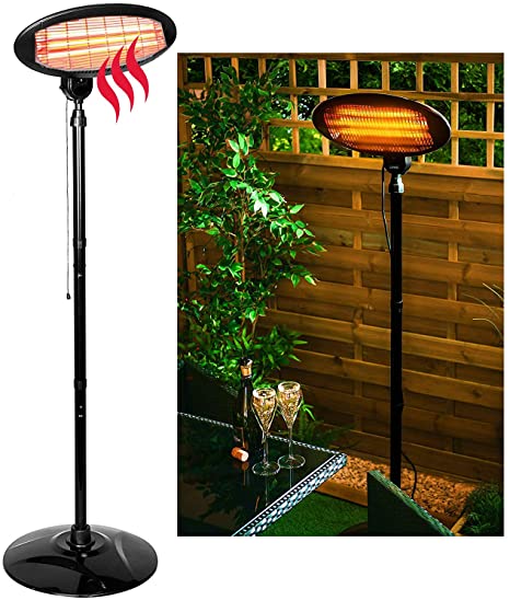 LIVIVO 2KW Outdoor Free Standing Quartz Electric Garden Patio Heater 2000w Waterproof- 3 Power Settings - Adjustable Heat Angle and Height Adjustable Stand