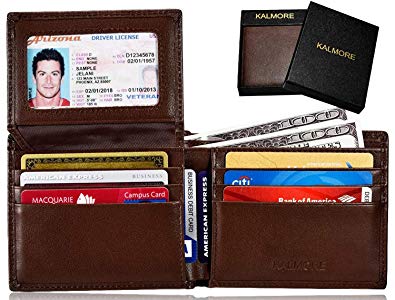 Men's RFID Blocking ID Window Multi-Card Travel Bifold Genuine Leather Pocket Wallet - in Gift Box