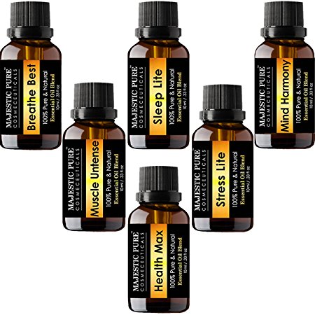 Majestic Pure Aromatherapy Essential Oil Synergy Blend Set of top 6 from Pure Therapeutic Grade Oils, 10 ml each, Sleep Lite, Health Max, Breathe Best, Stress-Lite, Muscle Untense, Mind Harmony