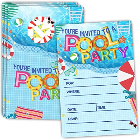 20 Pool Party Invitations with Envelopes - Double Sided - Birthday Invitations for Boys or Girls - Birthday Pool Gaming Party Supplies - Family BBQ Cookout Fill in Invites