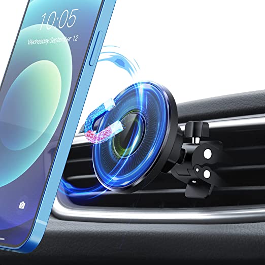 Car Phone Holder Mount, Magnetic Phone Holder for Car, [Stable Clip] Car Phone Holder Vent Compatible with Mag-safe Case and iPhone 13 12 Series and Other Phones (Contain Adhesive Metal Plate)