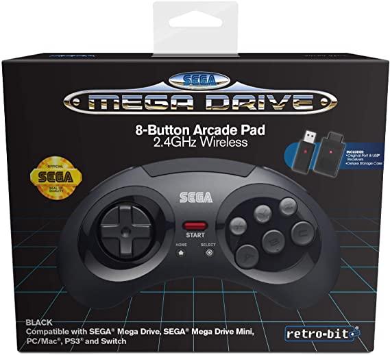 Retro-Bit Official SEGA Mega Drive 8-Button 2.4Ghz Wireless Arcade Pad for MEGA DRIVE MINI CONSOLE, Sega Mega Drive Console, PC, Switch, macOS, Playstation 3, Steam, RetroPie, Raspberry Pi (Black)