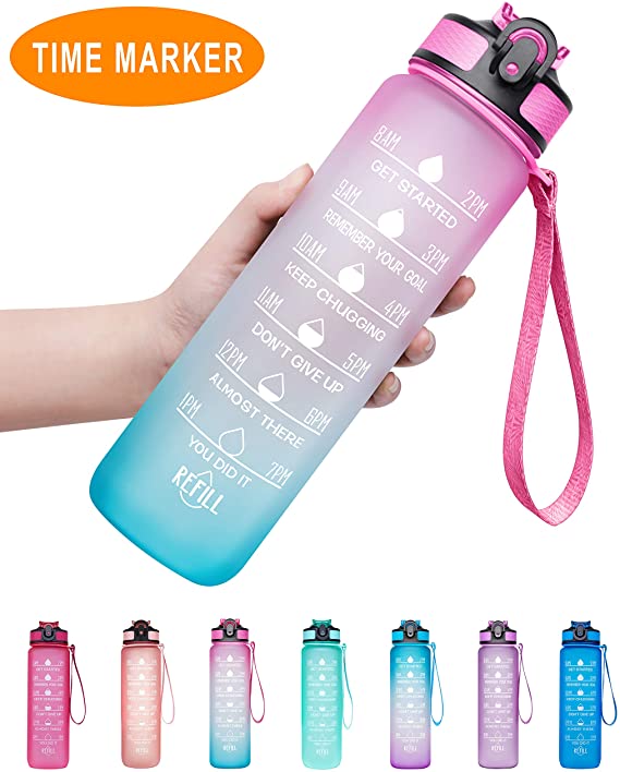 Venture Pal 32oz/22oz Motivational Fitness Sports Water Bottle with Time Marker & Straw, Large Wide Mouth Leakproof Durable BPA Free Non-Toxic