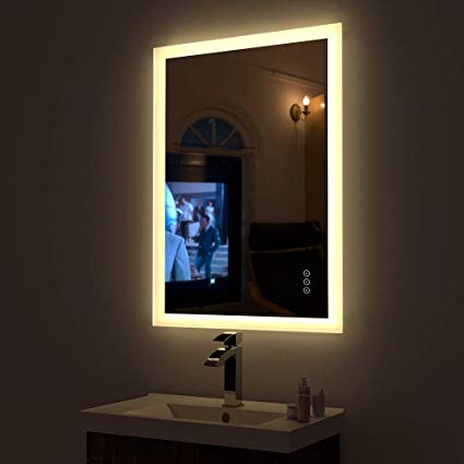 HAUSCHEN 36x28 inch LED Lighted Bathroom Wall Mounted Mirror with High Lumen CRI&gt;90 Adjustable Warm White/Daylight Lights Anti Fog Dimmable Memory Touch Button IP44 Waterproof Vertical & Horizontal