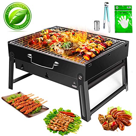 FishOaky Portable BBQ Charcoal, Folding BBQ Grill Rack, Outback Barbecue Grill, Steel BBQ Utensils Set Disposable BBQ Gloves Tongs   Oil Sprayer for Outdoor Garden Cooking Camping Hiking Picnics