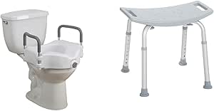 Drive Medical RTL12027RA 2-in-1 Raised Toilet Seat with Removable Padded Arms, Standard Seat & RTL12203KDR Shower Chair, Adjustable Shower Stool with Suction Feet