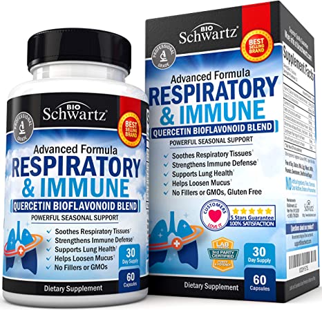 Respiratory Supplement with Quercetin for Lung Health Support - Soothes Respiratory Tissues & Helps Loosen Mucus - with Vitamins C & D to Promote Reduction in Oxidative Stress - 60 Capsules