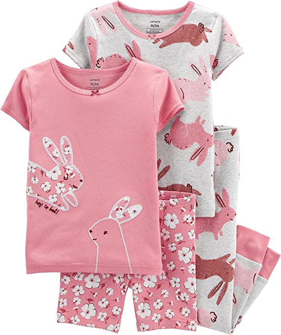 Carter's Toddler Girls 4pc Cotton Snug Pajamas PJs Set (Pink Flower Bunny, 4T)