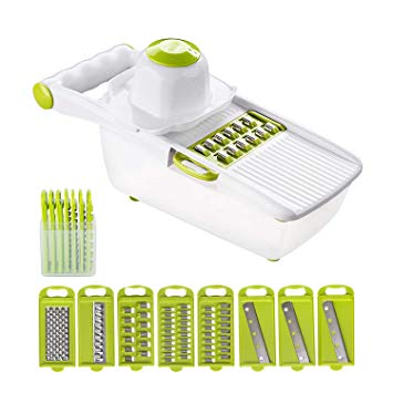 K Kwokker Mandoline Slicer Vegetable Chopper Grater Cutter Spiralizer with 8 Interchangeable Stainless Steel Blades with Safety Protector-Heavy Duty Julienne Multifunctional Food Choppers Green