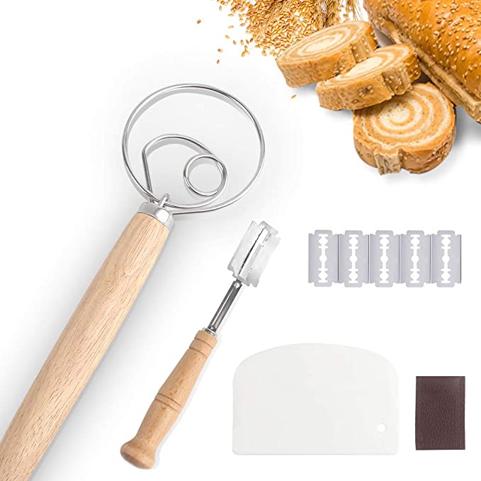 Bread Lame with 5 Replacement Blades and Leather Protective Cover Stainless Steel Dough Whisk Scraper Kitchen Premium Scoring Tool for Baking Cooking
