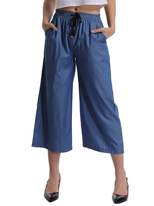 Gooket Women's Elastic Waist Wide Leg Cropped Capris Drawstring Jean Culottes Pants