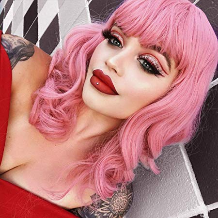 AISI HAIR Pink Long Bob Wig with Bangs Pastel Wavy Synthetic Wigs Short Bob Pink Wig Curly Wavy Shoulder Length Cosplay Halloween Party Wigs for Girl Colorful Costume Wigs
