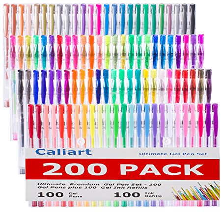 200 Coloring Gel Pens Set Caliart 100 Unique Coloring Pens Plus 100 Ink Refills Non Toxic Acid Free Gel Pen for Adult Coloring Books and School Projects