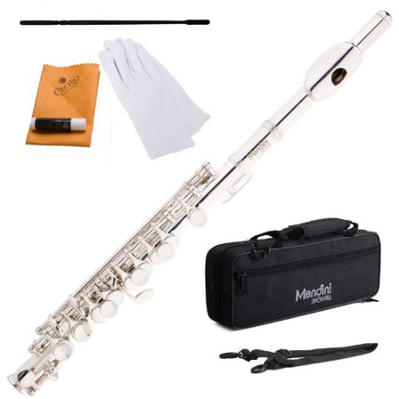 Mendini MPO-S Silver Plated Key of C Piccolo with Case, Joint Grease, Cleaning Cloth and Rod, and Gloves