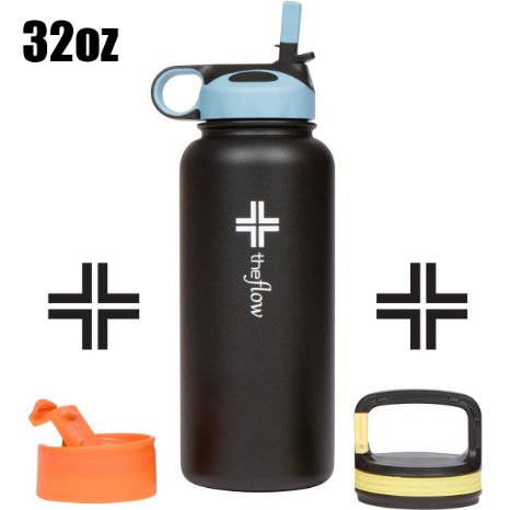 Stainless Steel Water Bottle - Double Walled/Vacuum Insulated - BPA/Toxin Free - Wide Mouth - With Straw lid, Carabiner lid, Flip Lid - 32oz/1 Liter - MONEY BACK GUARANTEE The Flow by CLUB35