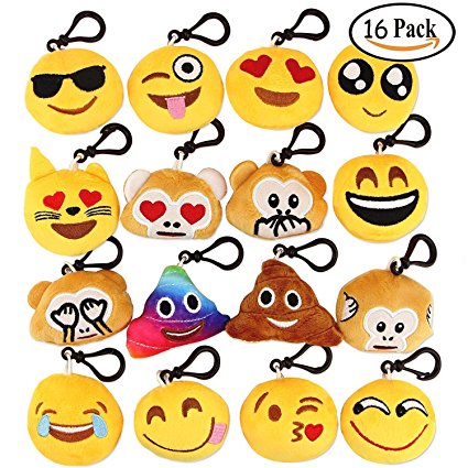 Dreampark Emoji Keychain Mini Cute Plush Pillows Kids Party Supplies Favors, Emoticon Key Chain Toy Decorations, 2" Set of 16