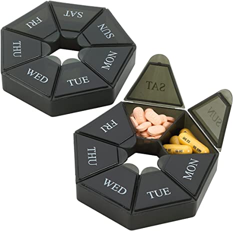 Weekly Pill Organizer - (Pack of 2) 7-Day Pill Container - Arthritis Friendly Portable & Compact Travel Case Daily Compartment Medicine Pills Box for Supplements, Medication, Vitamins and Fish Oils