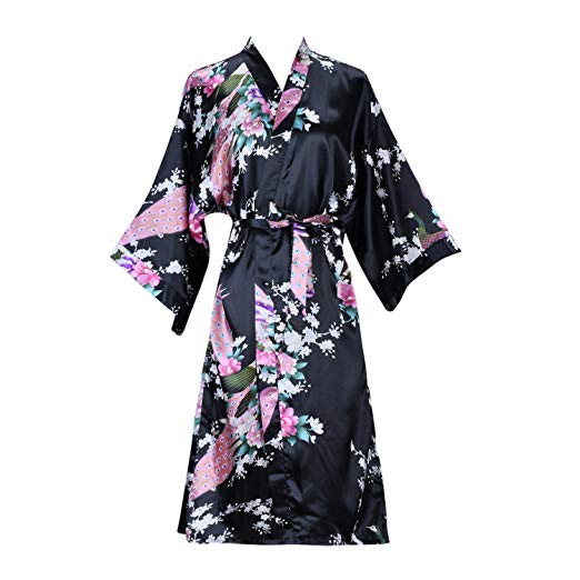ellenwell Women's Kimono Robe Peacock & Blossoms Satin Nightwear