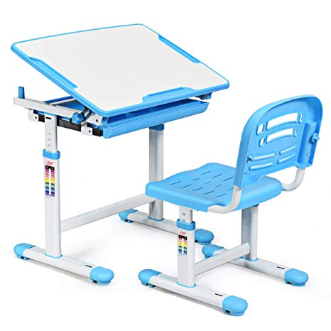 COSTWAY Kids Desk and Chair Set, Tilted Desktop, Spacious Storage Drawer, Solid Steel Frame, Adjustable Height Children’s Table and Chair Set, Ideal for Writing, Reading and Drawing (Blue)