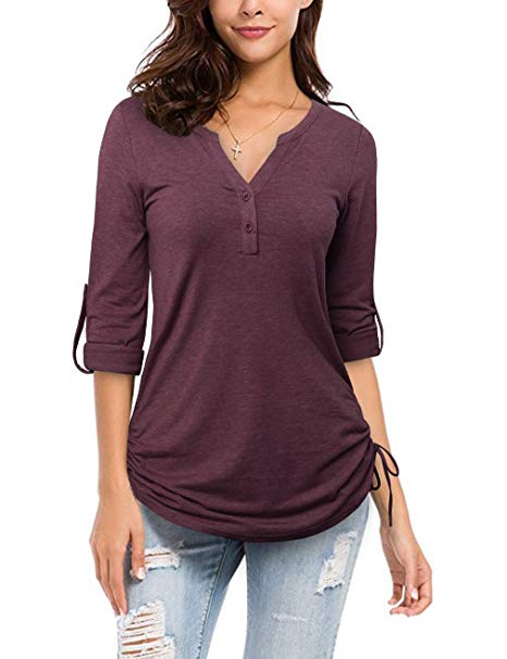 FANSIC Womens Casual Long Sleeve Blouse Tops,3/4 Sleeves Adjustable Drawstring Sides Shirring Henley Shirts