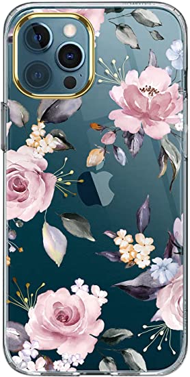 LUOLNH Clear Case Compatible with iPhone 12 Pro Max Case for Girly Women,Shockproof Floral Pattern Hard Back Cover Phone Case for Phone 6.7 inch 2020 -Pink Flower