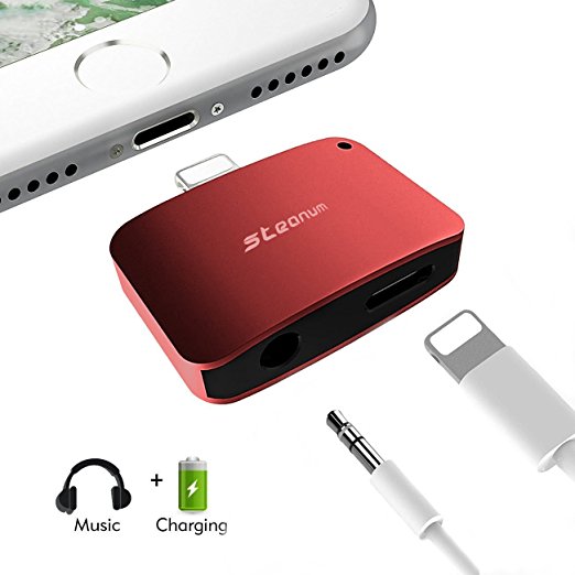 2 in 1 Lightning Adapter for iPhone 7/7 Plus, Steanum Lightning to 3.5mm AUX Headphone Jack Adapter (Audio   Charge) Compatible with iOS 10.3 - No Calling Function and Music Control (Red)
